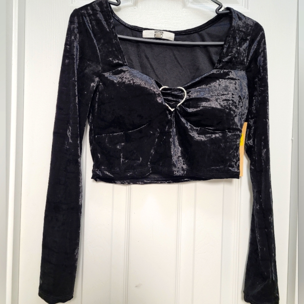 Black Velvet Long Sleeve Top with Heart Embelishment